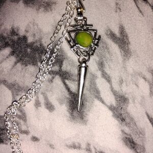 Silver Spike Pendant Necklace with Lime Green Stone